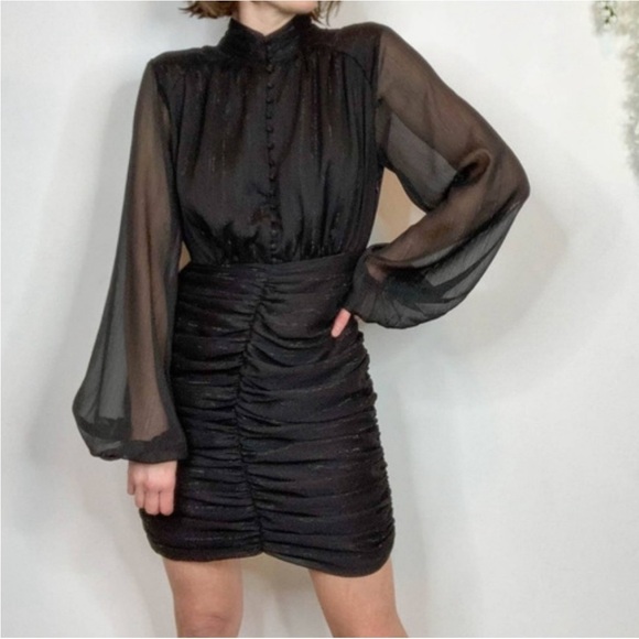 HOUSE OF HARLOW 1960 High Neck Metallic Black Ruched Bodycon Cocktail Dress Sz 4 - Picture 15 of 16